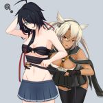  2girls ? ahoge bangs black_fingernails black_hair blonde_hair blue_eyes breasts budget_sarashi cleavage collarbone comparison cowboy_shot dark_skin glasses gloves grey_background hair_ornament hair_ribbon hairclip hand_in_hair kako_(kantai_collection) kantai_collection large_breasts leaning_forward long_hair looking_at_another lu_(nh054021) messy_hair miniskirt multiple_girls musashi_(kantai_collection) nail_polish navel no_shirt open_mouth parted_bangs pointy_hair ponytail red_eyes remodel_(kantai_collection) ribbon sarashi scratching_head semi-rimless_glasses simple_background skirt standing thigh-highs two_side_up under-rim_glasses under_boob yuri zettai_ryouiki 