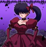  1girl alternate_costume black_hair bow choker dress dress_lift elbow_gloves flower gloves hair_bow kunou_kodachi lace-trimmed_gloves long_hair looking_to_the_side petals puffy_short_sleeves puffy_sleeves ranma_1/2 red_dress red_gloves rose short_sleeves side_ponytail wantan-orz 