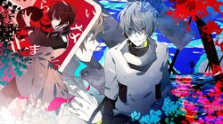  2boys 2girls amamiya_hibiya asahina_hiyori cat headphones highres kagerou_project konoha_(kagerou_project) konoha_no_sekai_jijou_(vocaloid) long_hair multiple_boys multiple_girls rain red_eyes road_sign short_hair sign tateyama_ayano tsuki_miyabi twintails 