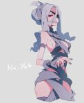  1girl bare_shoulders breasts cleavage dusclops eyepatch grey_hair kz_609 long_hair one_eye_covered open_mouth personification pokemon purple_fingernails red_eyes sideboob solo 