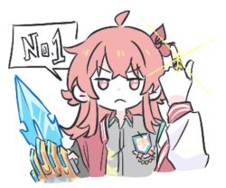  arm_blade black_jacket character_request copyright_request grey_shirt henshin_pose jacket lowres no.1_sentai_gozyuger pink_eyes pink_hair seal_007 sentai_ring shirt single_off_shoulder solo super_sentai tega_sword upper_body weapon 