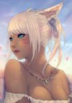  1girl animal_ears bare_shoulders blue_eyes breasts cat_ears cleavage dark_skin facial_mark final_fantasy final_fantasy_xiv miqo&#039;te petals short_hair solo soranamae white_hair wind 