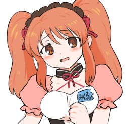 1girl asahina_mikuru blush breasts brown_eyes clenched_hand collarbone criss-cross_halter detached_collar furrowed_brow gan2 hair_between_eyes halterneck hand_up highres long_hair maid_headdress medium_breasts name_tag neck_ribbon open_mouth orange_hair puffy_short_sleeves puffy_sleeves red_ribbon ribbon short_sleeves sidelocks simple_background solo suzumiya_haruhi_no_yuuutsu twintails upper_body white_background 