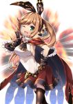  1girl black_gloves black_legwear blush breasts brown_hair cape clarisse_(granblue_fantasy) gloves granblue_fantasy green_eyes hair_ribbon hand_on_hip highres hoppege long_hair looking_at_viewer one_eye_closed open_mouth ponytail ribbon sideboob skirt sleeveless smile solo thigh-highs v 