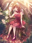  1girl akiyoshi_(tama-pete) bare_shoulders brown_hair dress flower headphones headset high_heels holding holding_flower meiko microphone nail_polish outdoors red_dress red_nails red_shoes shoes short_hair sidelocks sleeveless sleeveless_dress solo tree_stump vocaloid white_flower winding_key wrist_cuffs 