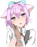  1girl animal_ears blue_eyes blush cat_ears fang gloves hair_ornament hand_on_another&#039;s_cheek hand_on_another&#039;s_face hand_on_another&#039;s_head holding_arm kantai_collection kemonomimi_mode looking_at_viewer open_mouth out_of_frame pink_hair school_uniform shiranui_(kantai_collection) short_hair simple_background solo takeshima_(nia) white_background white_gloves 