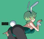  1girl animal_ears aoki_hagane_no_arpeggio ass bunny_tail bunnysuit character_name from_behind green_background green_eyes green_hair green_nails kamo_3 nachi_(aoki_hagane_no_arpeggio) nail_polish pantyhose rabbit_ears short_hair simple_background solo tail wrist_cuffs 