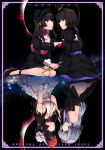  2girls bangs bemani black_background black_dress black_hair black_legwear blue_eyes blunt_bangs border breasts choker cleavage commentary_request detached_sleeves different_reflection dress eclipse flower frilled_hat hands_together high_heels holding_knife juliet_sleeves long_hair long_sleeves looking_at_another looking_at_viewer maru_(sw1tch) multiple_girls original puffy_sleeves red_eyes reflection ribbon rose see-through side_slit silver_hair sitting space star_(sky) text thigh-highs veil white_dress 