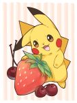  blush_stickers brown_eyes cherry food fruit no_humans open_mouth oversized_object pikachu pokemon pokemon_(creature) solo strawberry zrae 