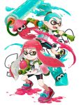  1boy 1girl bike_shorts domino_mask fangs highres inkling long_hair mask open_mouth paint_roller pointy_ears shoes sneakers splatoon squid super_soaker tentacle_hair yuyuwhite 