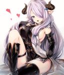  1girl :d belt black_boots black_gloves black_shoes blue_eyes blush boots braid breasts demon_horns fingerless_gloves gloves gradient gradient_background granblue_fantasy hair_ornament hair_over_one_eye hairclip heart horns large_breasts lavender_hair long_hair looking_at_viewer narumeia_(granblue_fantasy) open_mouth oyu_(sijimisizimi) pointy_ears shoes sideboob single_thighhigh sitting sleeveless smile solo thigh-highs thigh_strap very_long_hair 