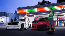  2girls 7-eleven absurdres ad amoemo black_hair breasts brown_shoes building car commentary commission crop_top dark-skinned_female dark_skin full_body glasses gojek green_jacket grey_pants highres jacket long_sleeves looking_at_viewer medium_breasts mitsubishi mitsubishi_eclipse mitsubishi_motors motor_vehicle multiple_girls nissan nissan_sunny open_clothes open_jacket original outdoors pants pepsi pirelli ponytail product_placement shadow shell_(company) shoes standing white_jacket white_pants white_shoes 