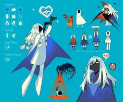  1other arms_up blue_background blue_cloak cloak creature dark_skin eda english_text fox_mask glowing glowing_eyes long_hair low-tied_long_hair mask multiple_views sky:_children_of_the_light sky_child white_hair 