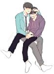  2boys anger_vein black_hair brothers formal hand_in_hair hand_under_clothes hand_under_shirt hoodie ichimatsu invisible_chair jacket multiple_boys necktie open_clothes open_jacket osomatsu-kun osomatsu-san osomatsu_(osomatsu-kun) shaded_face shirt siblings sitting sitting_on_lap sitting_on_person smile suit 
