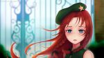  1girl beret blue_eyes blurry bow braid brick_wall bush depth_of_field eliskalti expressionless face gate green_vest hair_bow half-closed_eyes hat highres hong_meiling long_hair looking_at_viewer no_shirt parted_lips pink_lips redhead signature solo star touhou twin_braids upper_body watermark web_address wind 
