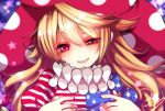  1girl american_flag_shirt blonde_hair blush clownpiece face fua_yuu grin hat head_tilt jester_cap long_hair looking_at_viewer portrait puffy_sleeves red_eyes shirt short_sleeves signature smile solo star striped touhou 