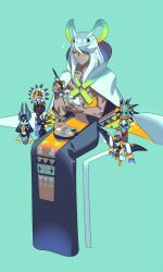 1boy animal_ears aqua_background aqua_hair cape commentary_request dark-skinned_male dark_skin doll eda green_eyes high_collar long_hair male_focus mouse_boy mouse_ears mouse_tail original painting_(action) palette_(object) simple_background sitting solo tail white_cape