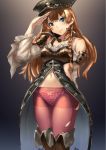  1girl blue_eyes boots brown_hair commentary_request dress frills granblue_fantasy hat liscia_(granblue_fantasy) long_hair neo-masterpeacer panties panties_under_pantyhose pantyhose pink_legwear polka_dot polka_dot_panties salute torn_clothes torn_pantyhose underwear 
