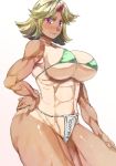  1girl abs blonde_hair blush bra breasts fang fundoshi green_bra hand_on_hip horn hoshiguma_yuugi large_breasts looking_at_viewer muscle musical_note smile solo tan tanline touhou translation_request underwear violet_eyes yohane 