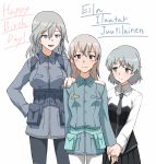  3girls aurora_e_juutilainen birthday eila_ilmatar_juutilainen green_eyes grey_hair hakuyou-choun hand_on_shoulder happy_birthday long_hair military military_uniform multiple_girls platinum_blonde sanya_v_litvyak short_hair siblings sisters strike_witches uniform violet_eyes white_background 