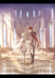  1boy 1girl absurdres arms_behind_back bare_shoulders black_border black_gloves blonde_hair blue_eyes boots border breasts brown_boots cathedral church closed_eyes closed_mouth column commentary_request couple detached_sleeves dress earrings fingerless_gloves flower from_behind full_body genshin_impact gloves grey_jacket grey_pants grin hair_flower hair_ornament happy hetero highres holding holding_flower indoors jacket jewelry letterboxed light_rays looking_at_another looking_to_the_side lumine_(genshin_impact) mask mask_on_head medium_breasts naya_nya23 orange_hair pants pew pillar red_flower red_mask red_rose rose short_hair short_hair_with_long_locks side-by-side smile stained_glass sunlight tartaglia_(genshin_impact) white_boots white_dress window 