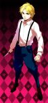  1boy argyle argyle_background blonde_hair clenched_hand cross-laced_footwear dio_brando full_body jojo_no_kimyou_na_bouken kbs knife male_focus red_eyes socks solo suspenders 