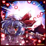  1girl :d bat_wings blue_hair danmaku fang hat lowres one_eye_closed open_mouth outstretched_arms pote_(ptkan) red_eyes remilia_scarlet ribbon short_hair smile solo touhou wings 