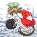  1girl animal_ears barefoot brown_hair cat_ears cat_tail chen fetal_position hat hat_removed hato_(grazie_a_domani_7) headwear_removed kaenbyou_rin kaenbyou_rin_(cat) lying mob_cap multiple_tails on_bed on_side short_hair skirt skirt_set sleeping tail touhou 