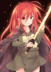  blush cape fire long_hair red_eyes redhead seifuku shakugan_no_shana shana sword 