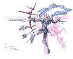  1boy 2009 armor axe bandana black_armor blue_scarf bow_(weapon) dagger dissidia_final_fantasy dominic_ian_cabatit final_fantasy final_fantasy_ii firion full_body highres holding holding_bow_(weapon) holding_weapon knife mage_staff male_focus nick-ian orange_bandana polearm scarf short_hair solo spear sword weapon white_hair 