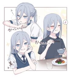  1boy :t androgynous black_border black_necktie black_shirt blue_sweater_vest border bowl broccoli carrot chopsticks closed_eyes collared_shirt commentary_request eating glass grey_hair gym_uniform hair_between_eyes hamburger_steak hand_on_own_arm head_rest holding holding_bowl holding_chopsticks long_hair looking_ahead looking_at_viewer multiple_views musical_note necktie open_mouth original otoko_no_ko outside_border parted_lips ponytail rice rice_bowl shirt short_sleeves sidelocks sionoe smile sparkle spoken_musical_note sweat sweater_vest table translation_request upper_body water white_shirt wiping_sweat 