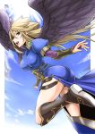  1girl :d angel_wings armor armored_dress black_wings blonde_hair boots breasts breath_of_fire breath_of_fire_ii clouds dress green_eyes highres large_breasts legs long_hair long_legs looking_at_viewer nina_(breath_of_fire_ii) open_mouth side_slit sky smile thighs wings 