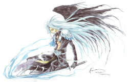  2010 abs armor black_coat black_gloves black_wings chest_strap coat dated dissidia_final_fantasy dominic_ian_cabatit expressionless feathered_wings final_fantasy final_fantasy_vii from_side gloves grey_hair long_bangs long_coat long_hair long_sleeves looking_at_viewer male_focus masamune_(ff7) nick-ian pauldrons profile sephiroth shoulder_armor sideways_glance single_wing tassel timestamp wings 