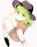 1girl alternate_costume bangs flipped_hair from_above green_eyes green_hair hand_on_headwear hat no_shoes onepunch_man short_hair simple_background sitting sleeves_rolled_up socks solo swept_bangs tatsumaki yudacocco 
