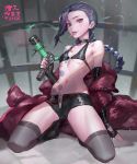  1girl bare_shoulders belt black_boots black_gloves black_shoes blue_hair boots braid breasts bullet choker coat danann fingerless_gloves full_body gloves grey_legwear gun highres holding_weapon jinx_(league_of_legends) league_of_legends long_hair looking_at_viewer midriff mouth_hold nail_polish navel off_shoulder parted_lips pink_eyes shoes shorts small_breasts smoke solo spikes squatting tattoo text thigh-highs very_long_hair weapon 