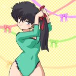  1girl adjusting_hair black_hair hair_ribbon kunou_kodachi long_hair ranma_1/2 ribbon side_ponytail solo tying_hair violet_eyes wantan-orz 