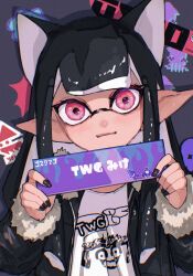  1girl animal_ears black_hair black_jacket black_nails cat_ears closed_mouth commentary_request crab_tank_(splatoon) extra_ears film_grain fur-trimmed_jacket fur-trimmed_sleeves fur_trim highres holding inkling inkling_girl inkling_player_character jacket kraken_(splatoon) long_hair long_pointy_ears long_sleeves looking_at_viewer open_clothes open_jacket pink_eyes pointy_ears shafu shirt solo splashtag_(splatoon) splatoon_(series) splatoon_3 tentacle_hair upper_body white_shirt 