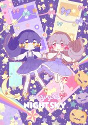  2girls :o absurdres blue_hair blue_skirt blush_stickers bow brown_hair buttons candle center_frills child circle_skirt collared_shirt commentary crescent_moon door english_commentary english_text enjel expressionless eyelashes floating floating_clothes floating_hair footwear_bow frilled_sleeves frills full_body goldia_die_heilige hair_between_eyes hair_bow happy heart high-waist_skirt high_heels highres holding_hands interlocked_fingers jack-o'-lantern key kneehighs knees lace-trimmed_skirt lace_trim leg_up long_hair long_sleeves marikyuunn miniskirt moon multiple_girls open_mouth parted_lips pastel_colors pink_bow pink_eyes pink_shoes pleated_skirt pocket_mirror puffy_long_sleeves puffy_sleeves purple_background purple_bow red_brooch shirt shoes shooting_star_(symbol) skirt smile socks star_(symbol) star_symbol_background suspender_skirt suspenders teeth thick_eyebrows upper_teeth_only very_long_hair white_shirt white_socks yellow_bow yellow_brooch yellow_eyes yellow_shoes 
