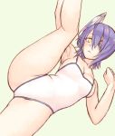  1girl and blush breasts eyepatch headgear kantai_collection leg_up looking_at_viewer lying one-piece_swimsuit purple_hair short_hair sideboob solo swimsuit tenryuu_(kantai_collection) yellow_eyes 
