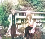  1boy 1girl bangs blonde_hair brown_eyes brown_hair clinic doctor drinking hand_in_pocket higurashi_no_naku_koro_ni hinamizawa irie_kyousuke kotoki_ayami labcoat long_hair necktie pants parted_bangs sitting smile sunlight takano_miyo tree 