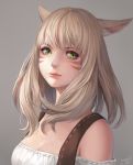  1girl animal_ears bare_shoulders blonde_hair breasts cat_ears cleavage dated facial_mark final_fantasy final_fantasy_xiv green_eyes lips looking_at_viewer miqo&#039;te momoko_(momopoco) shirt signature slit_pupils solo upper_body 
