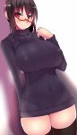  1girl black_legwear breasts brown_hair glasses highres huge_breasts light_smile looking_at_viewer original pink_eyes red-framed_glasses red_eyes ribbed_sweater short_hair solo souma_(ordures) sweater thigh-highs thighs 
