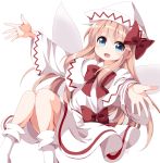  1girl blonde_hair blue_eyes blush bow dress fairy fairy_wings hair_bow hat lily_white long_hair long_sleeves open_mouth ribbon ruu_(tksymkw) smile solo touhou wide_sleeves wings 