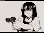  1girl aiming akagi_(kantai_collection) bangs clenched_teeth gun handgun hyouju_issei japanese_clothes kantai_collection long_hair monochrome muneate pistol sidelocks simple_background sweat translation_request trembling weapon 