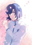  1boy absurdres backlighting bangs blue_eyes blue_hair bob_cut cherry_blossoms clenched_hand eyebrows_visible_through_hair falling_petals high_collar highres hikaru_no_go huge_filesize kpmk looking_at_viewer lying male_focus on_side parted_lips petals school_uniform short_hair sideways solo touya_akira turtleneck upper_body 
