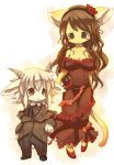  1boy 1girl animal_ears bare_shoulders breasts brown_hair commentary_request forest_of_pixiv furry horns kishibe long_hair short_hair smile tail 