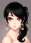  1girl absurdres bare_shoulders black_hair brown_background brown_eyes close-up collarbone earrings face highres jewelry long_hair looking_at_viewer mizutsuki_rei simple_background solo 