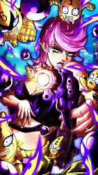  1girl absurdres black_shirt body_switch bullet crop_top finger_on_trigger fingernails green_eyes guido_mista guido_mista&#039;s_pose gun handgun highres holding holding_gun holding_weapon jojo_no_kimyou_na_bouken jojo_pose noonvincent personality_switch pink_hair pink_lips sex_pistols_(stand) shirt trish_una vento_aureo weapon 