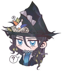  1girl :/ ? animal_on_head bird bird_nest bird_on_head black_cape black_hair black_hat blue_dress blue_eyes cape chibi dress hair_ornament hat high_collar highres kim_8thhh leaf_hair_ornament long_hair mole mole_under_eye on_head reverse:1999 solo spoken_question_mark upper_body white_background willow_(reverse:1999) witch_hat 