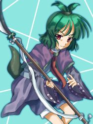  1other 2000s_(style) adagumo_no_saragimaru anime_coloring aqua_background black_shirt blue_outline blue_shorts blue_vest capelet closed_mouth commentary cowboy_shot fang fang_out floral_print green_hair hair_ornament hashtag-only_commentary high_ponytail highres holding holding_polearm holding_weapon japanese_clothes kurokoge_karubi leaning_forward len&#039;en long_sleeves naginata necktie nervous outline polearm ponytail purple_capelet red_eyes red_necktie shirt short_hair short_ponytail shorts skin_fang snake_hair_ornament snake_tail solo split_ponytail tail vest weapon wide_sleeves 